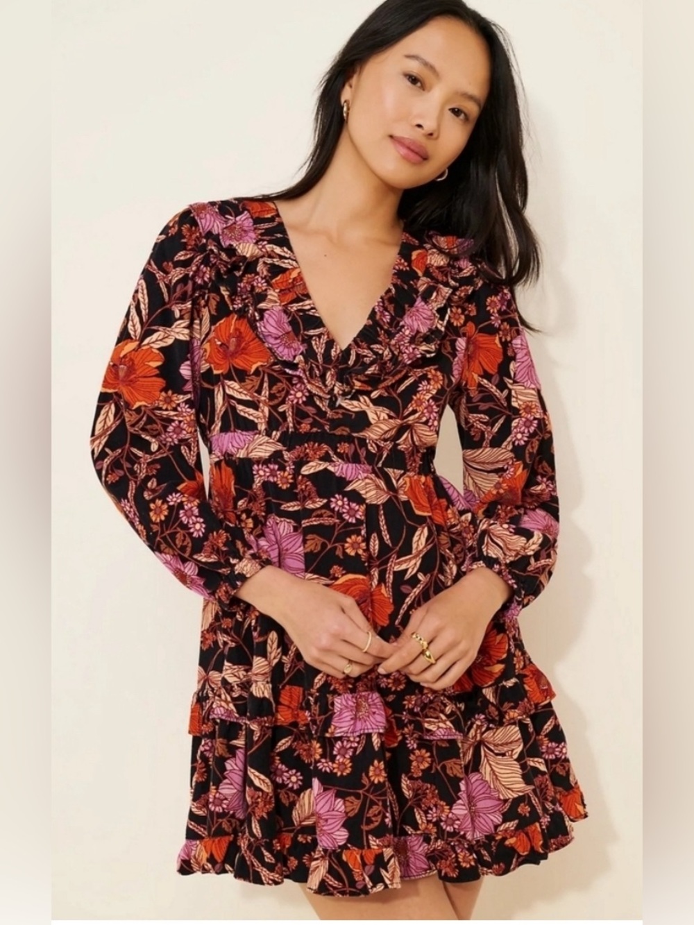 Anthropologie Black Floral V-Neck Tiered Mini Dress with Pink & Orange Blooms